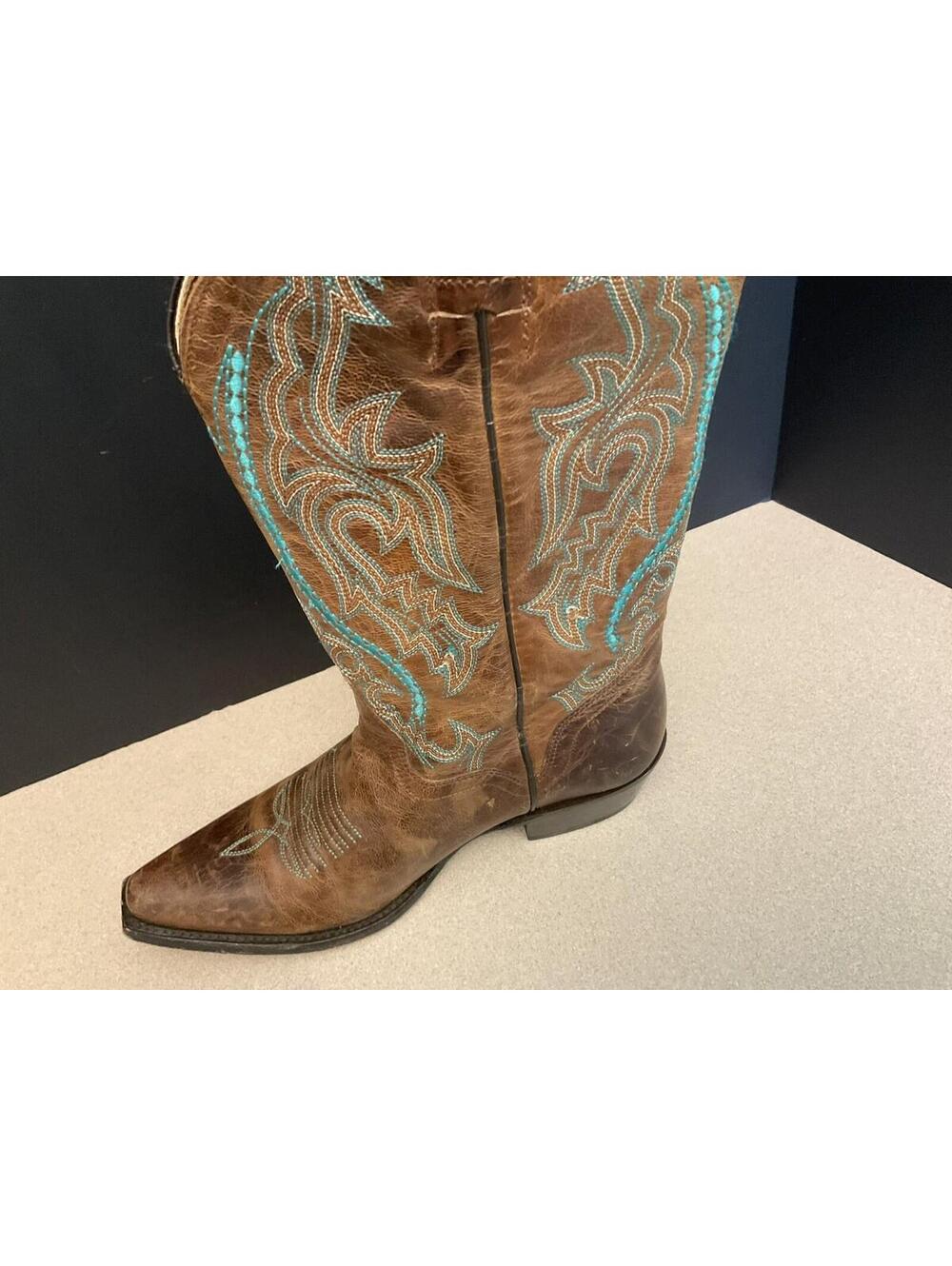 Womens JB Dillon Brown Leather Cowboy Boots W/ Turquoise Embroidery. Size 6B. - Picture 9 of 11